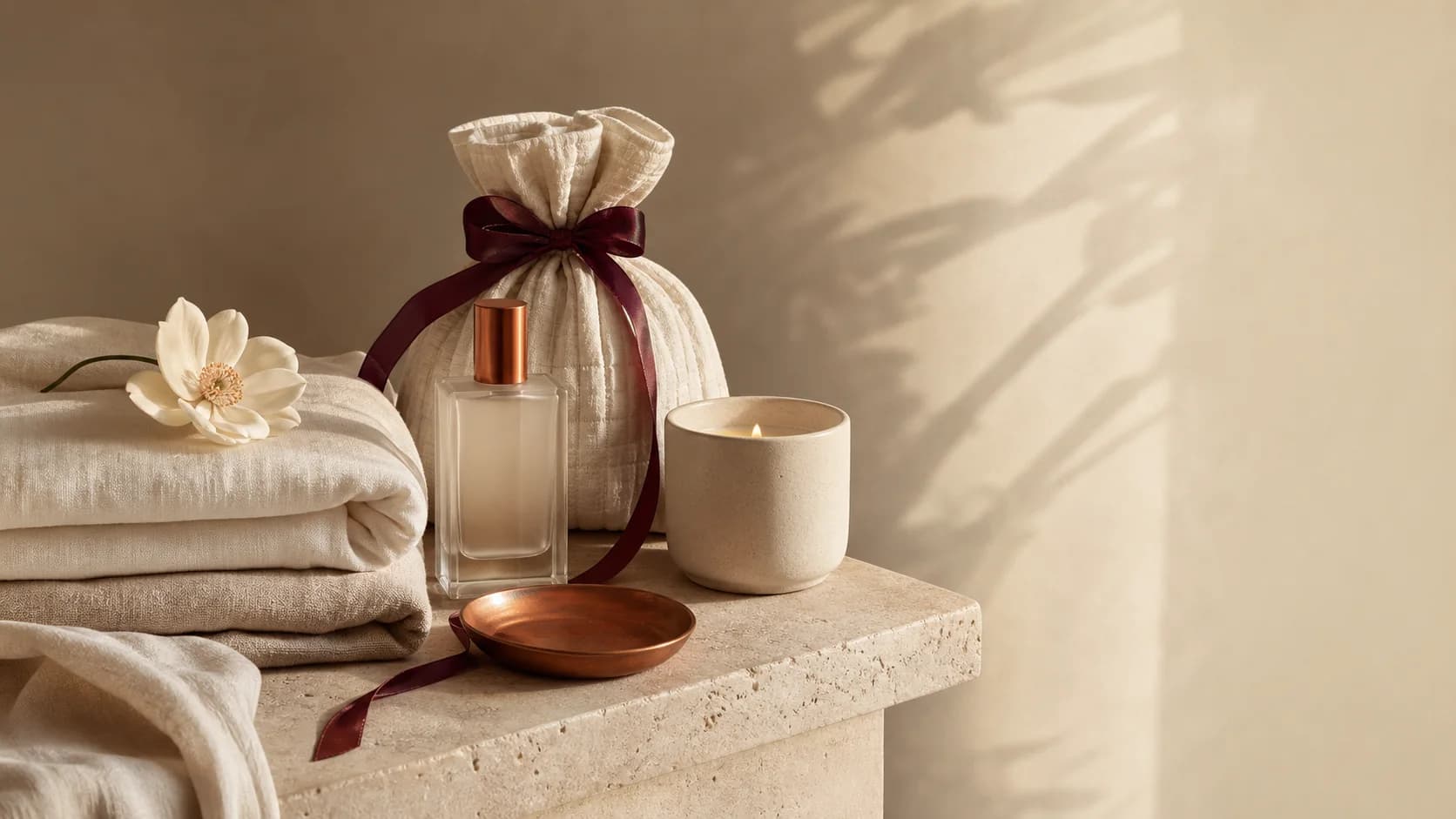 Linge plié, parfum et bougie de la maison, noués d'un ruban bordeaux